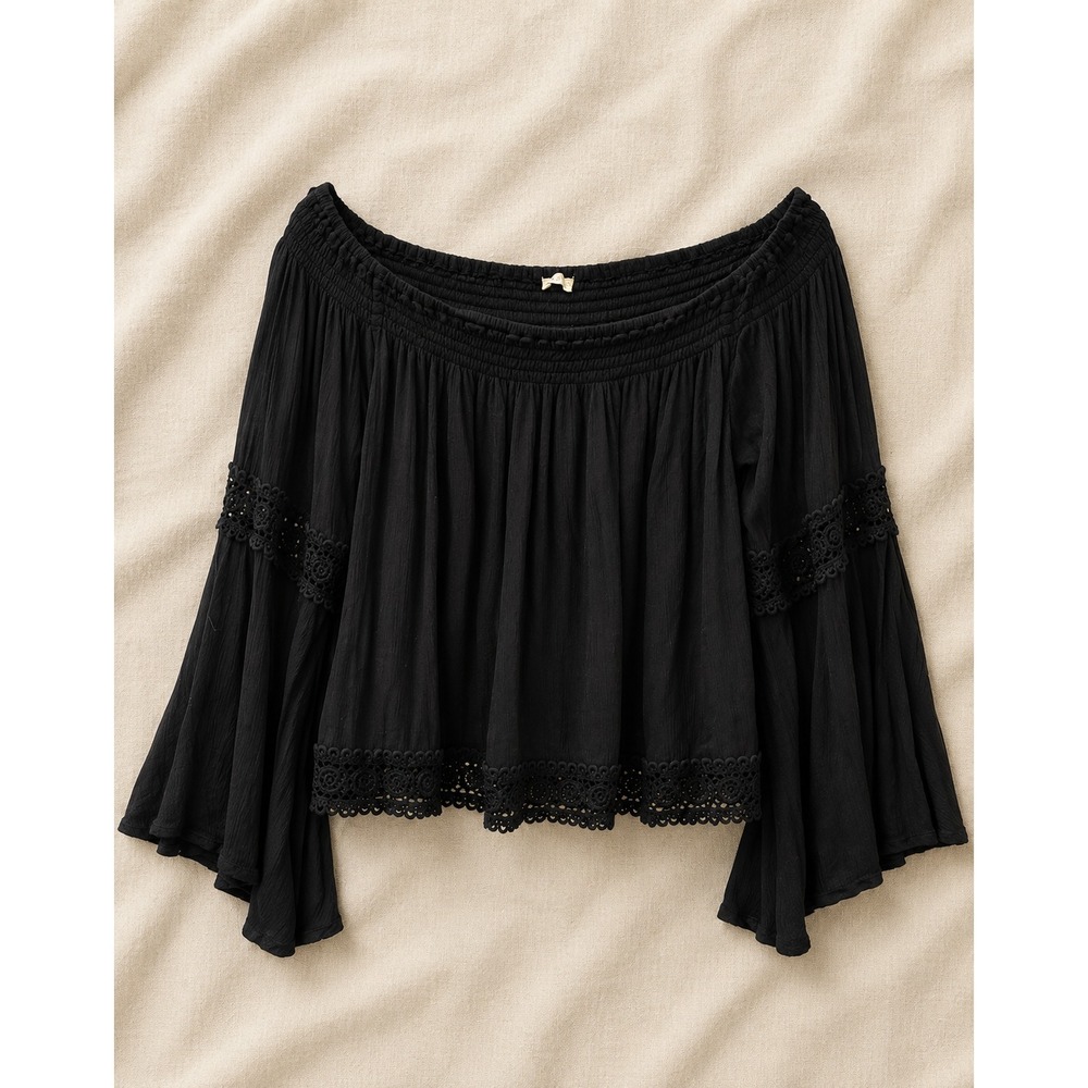 Black Boho Y'allternative Off the Shoulder Breezy Flared Sleeve Top Women's Sz L